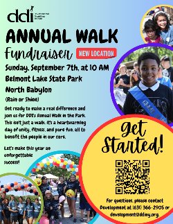 DDI's Annual Walk Fundraiser; New Location; People in pictures with colorful frames; Belmont Lake State Park; Sept. 7th; To get started contact development at development@ddiny.org